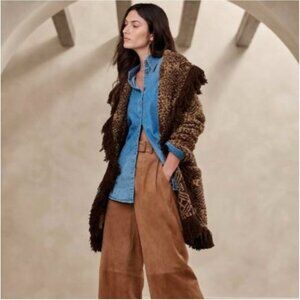 NWT Banana Republic Arella Jacquard Fringe Cardigan Sweater Brown Belted S Boho